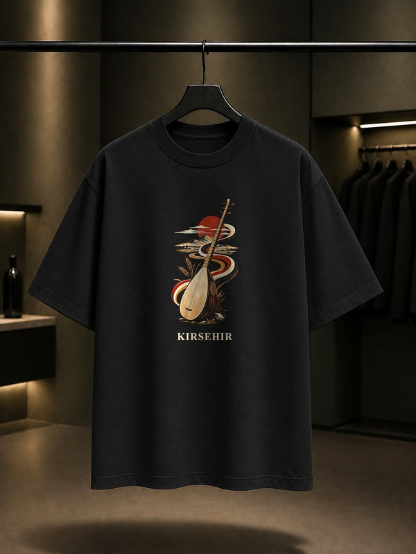 Kırşehir Bağlama Bozlak baskılı siyah t-shirt