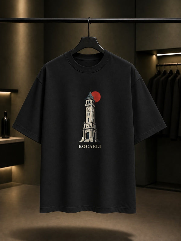 Kocaeli İzmit Saat Kulesi baskılı siyah t-shirt