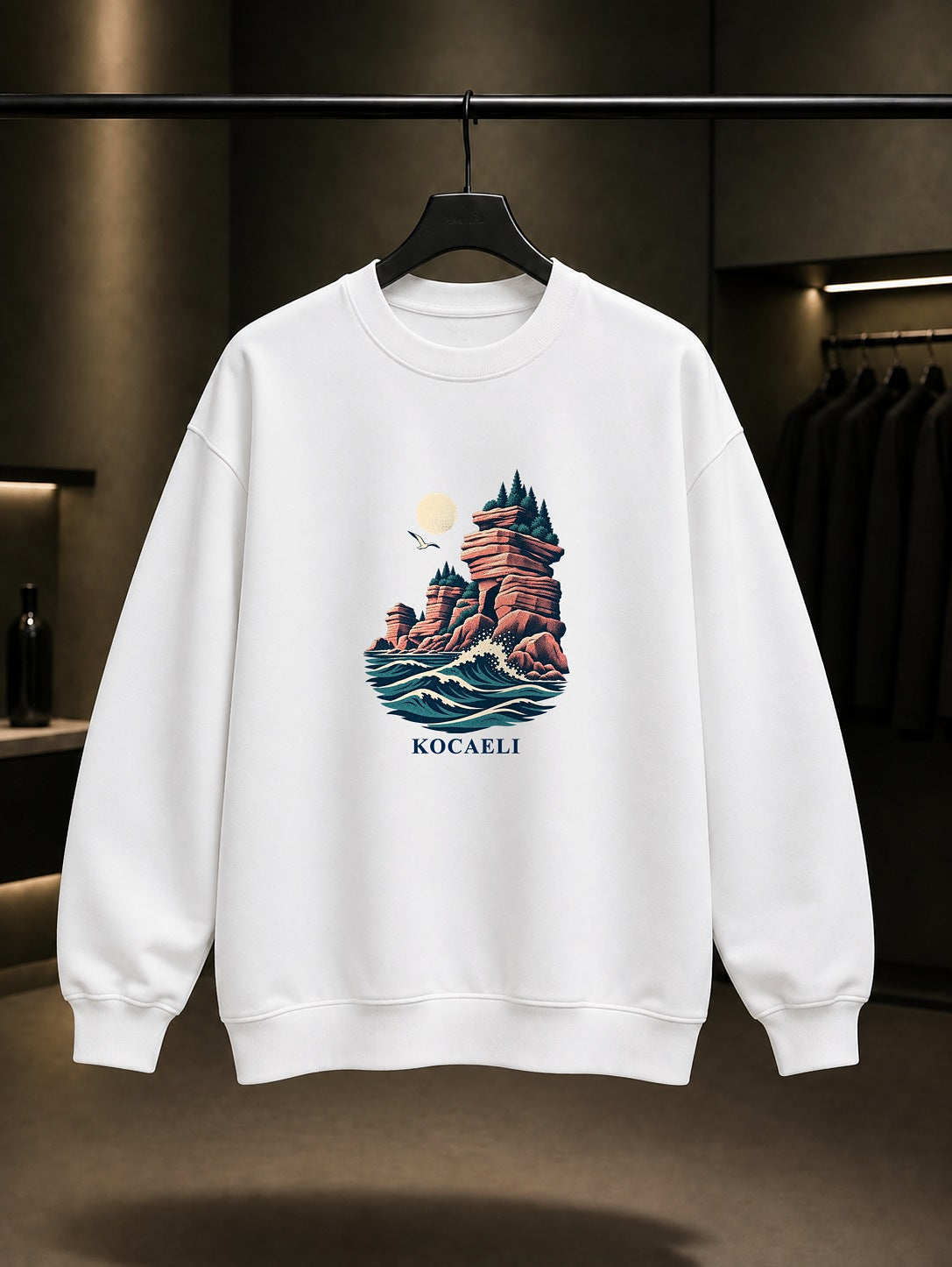 Kocaeli Kerpe Pembe Kayalar baskılı beyaz sweatshirt