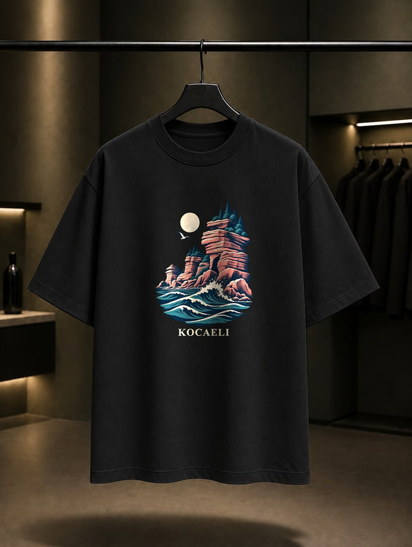 Kocaeli Kerpe Pembe Kayalar baskılı siyah t-shirt