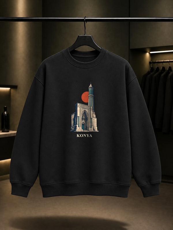 Konya Ince Minareli Medrese baskılı siyah sweatshirt