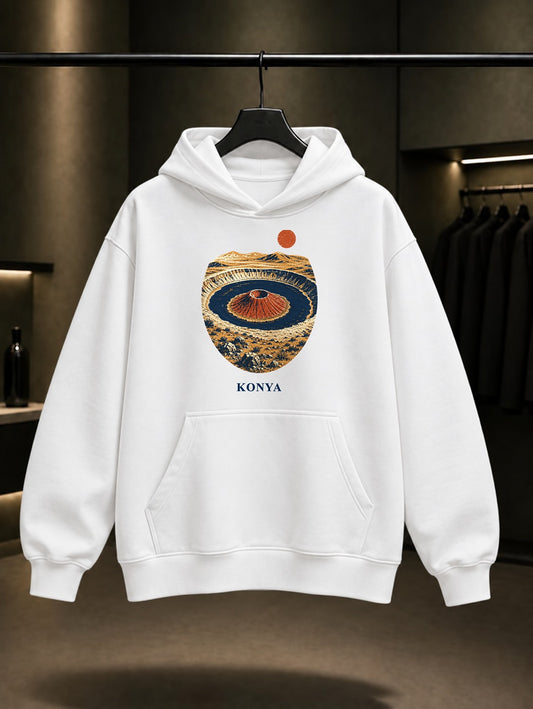 Konya Meke Krater Gölü baskılı beyaz kapüşonlu sweatshirt