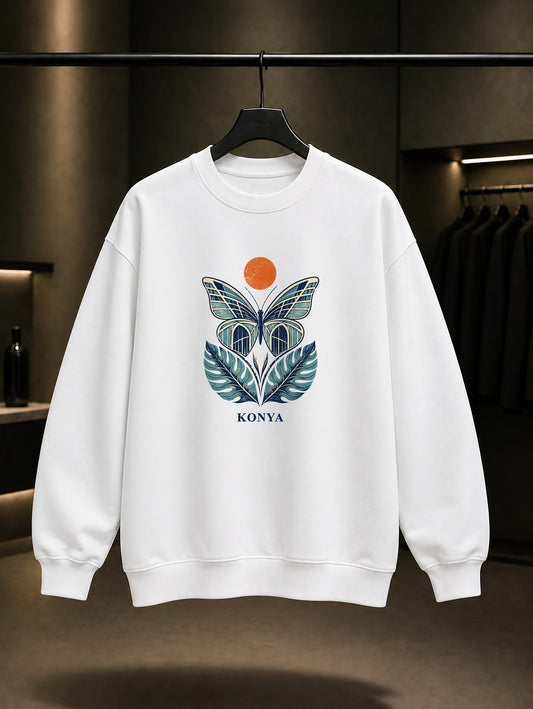 Konya Tropikal Kelebek Bahcesi baskılı beyaz sweatshirt