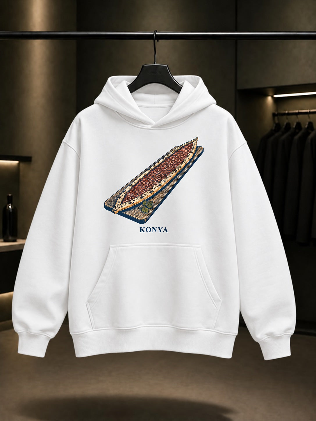 Konya Etli Ekmek baskılı beyaz kapüşonlu sweatshirt