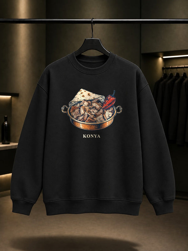 Konya Fırın Kebabı baskılı siyah sweatshirt