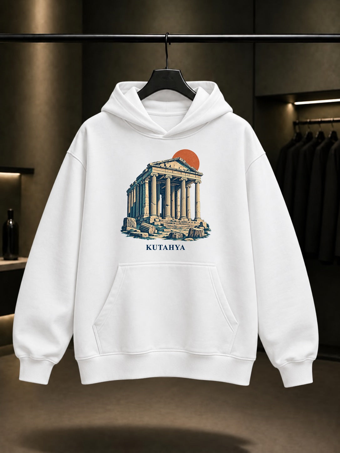 Kütahya Aizanoi Zeus Tapınağı baskılı beyaz kapüşonlu sweatshirt