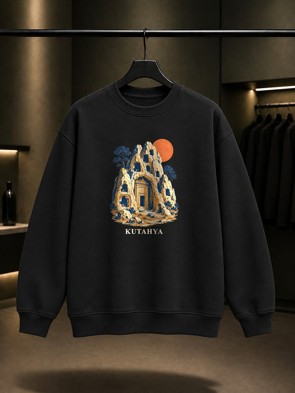 Kütahya Frigya Vadisi baskılı siyah sweatshirt