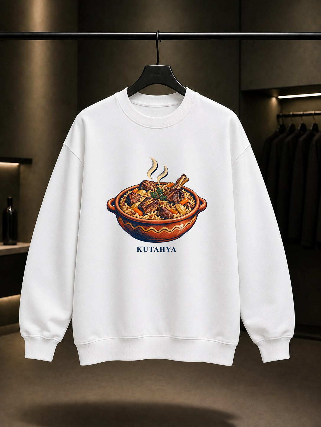 Kütahya Güveçli Pilav baskılı beyaz sweatshirt
