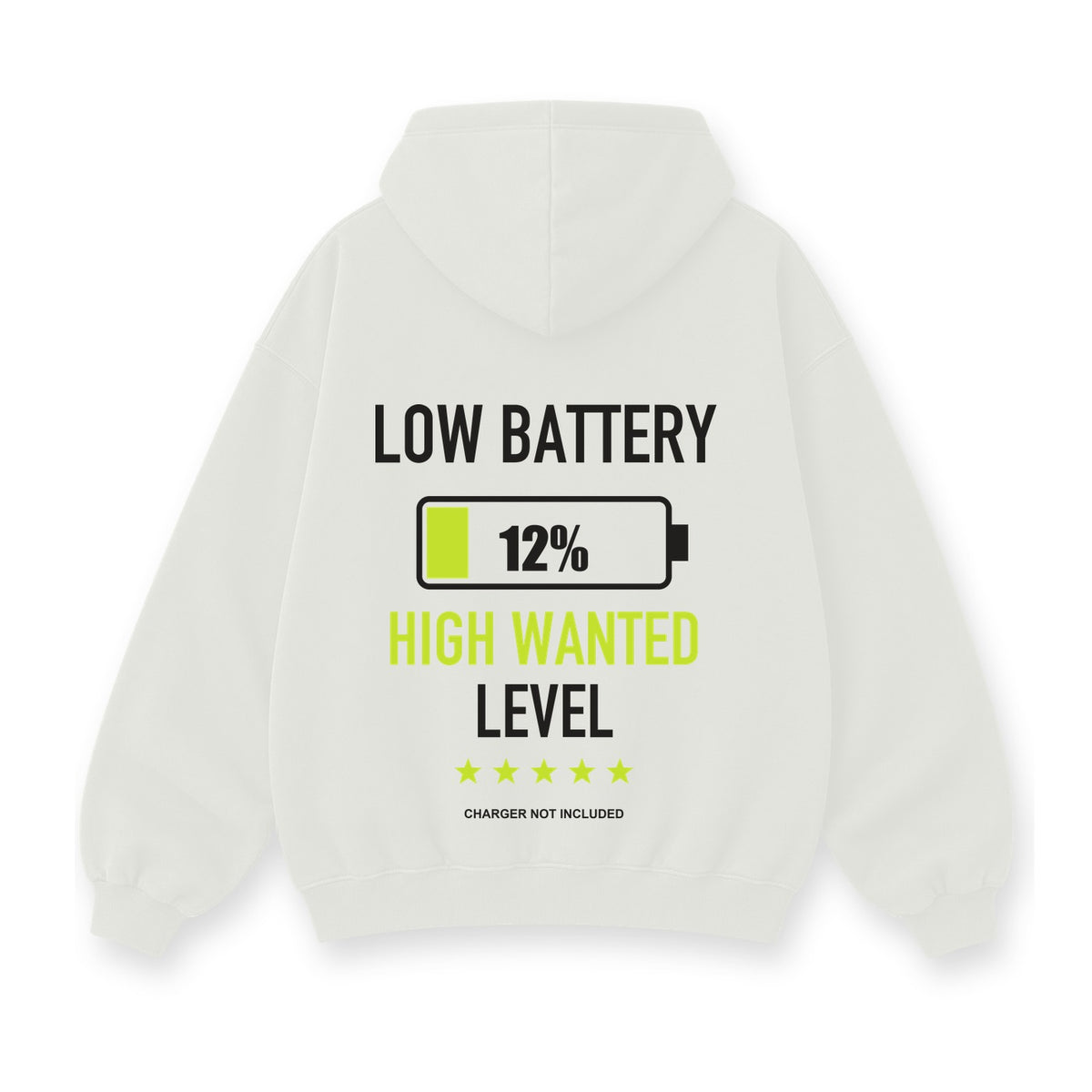 Low Battery High Wanted baskılı beyaz kapüşonlu sweatshirt