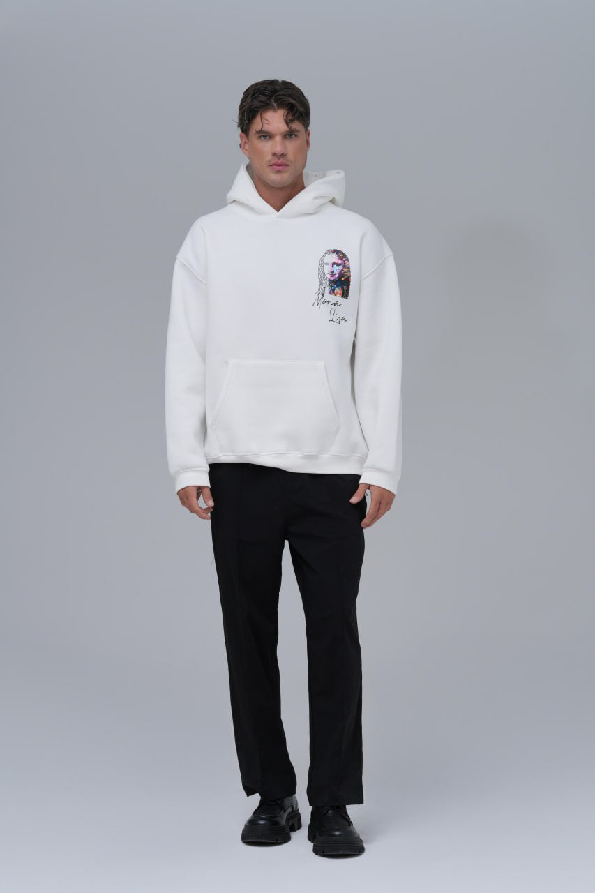 Mona Lisa Sol Logo, Sırt Desen Baskı & Nakış Detaylı %100 Pamuk Unisex Beyaz Kapüşonlu Sweatshirt
