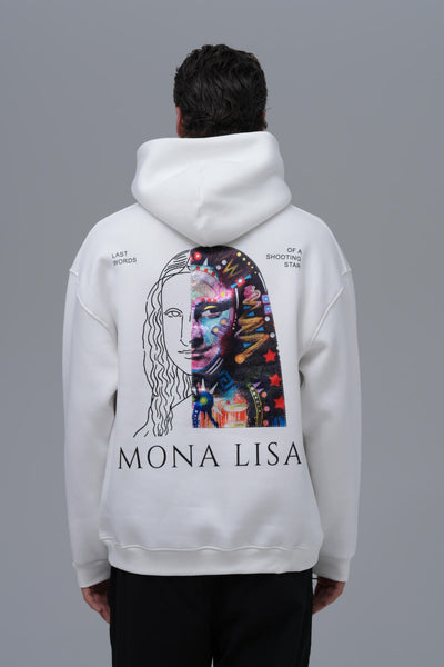 Mona Lisa Sol Logo, Sırt Desen Baskı & Nakış Detaylı %100 Pamuk Unisex Beyaz Kapüşonlu Sweatshirt