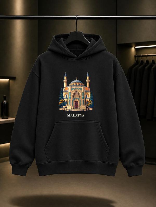 Malatya Battalgazi Ulu Camii baskılı siyah kapüşonlu sweatshirt