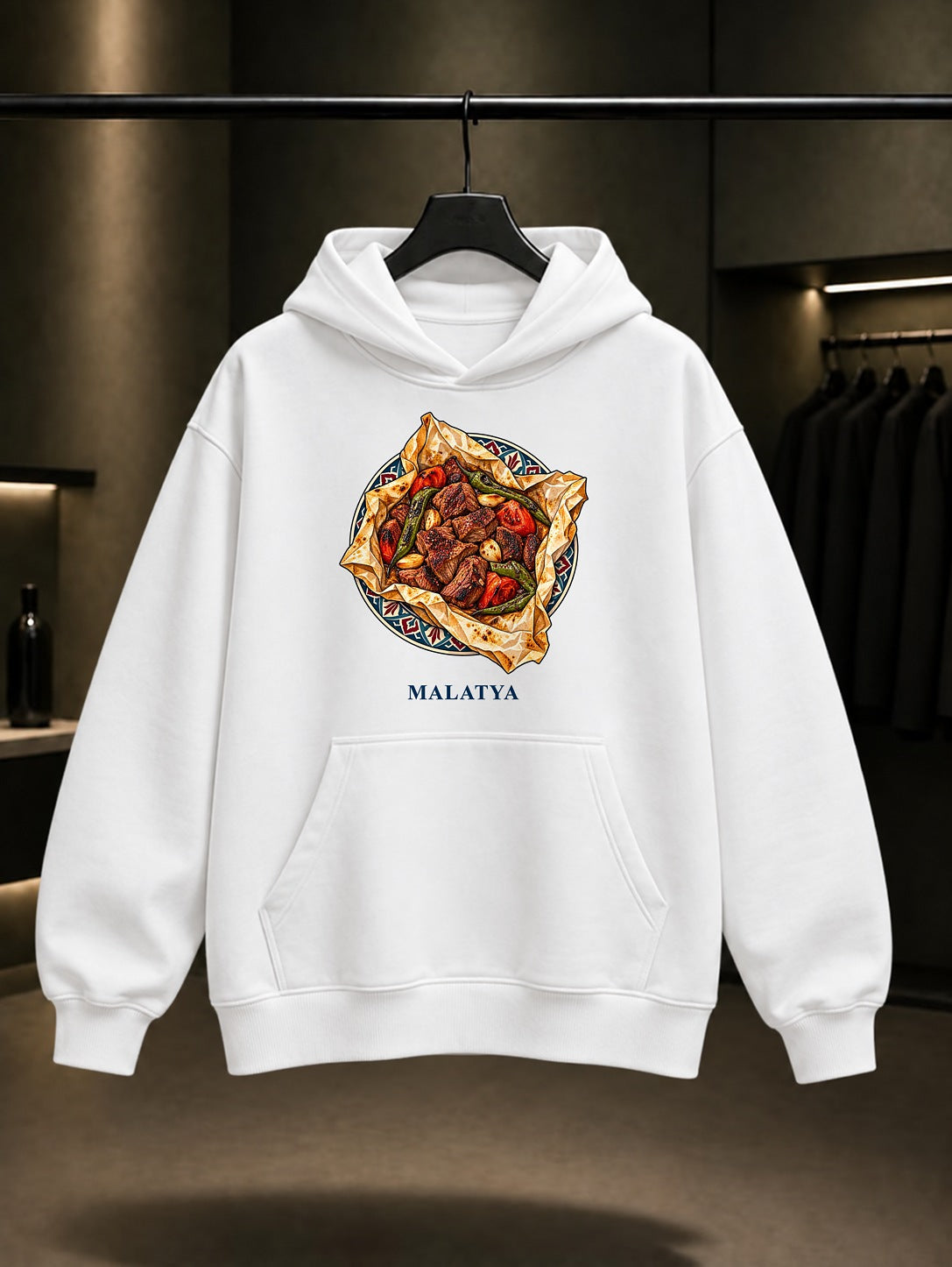Malatya Kağıt Kebabı baskılı beyaz kapüşonlu sweatshirt