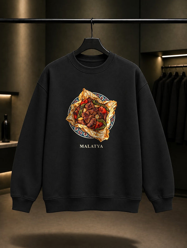 Malatya Kağıt Kebabı baskılı siyah sweatshirt