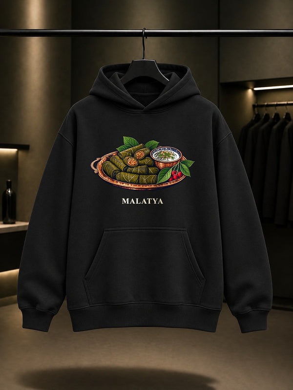 Malatya Kiraz Yaprağı Köftesi baskılı siyah kapüşonlu sweatshirt