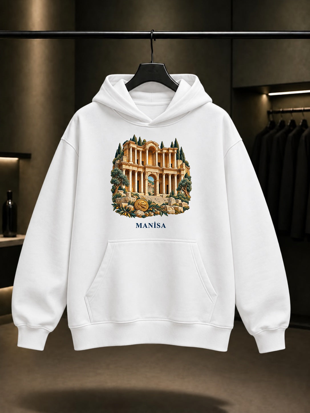Manisa Sardes baskılı beyaz kapüşonlu sweatshirt