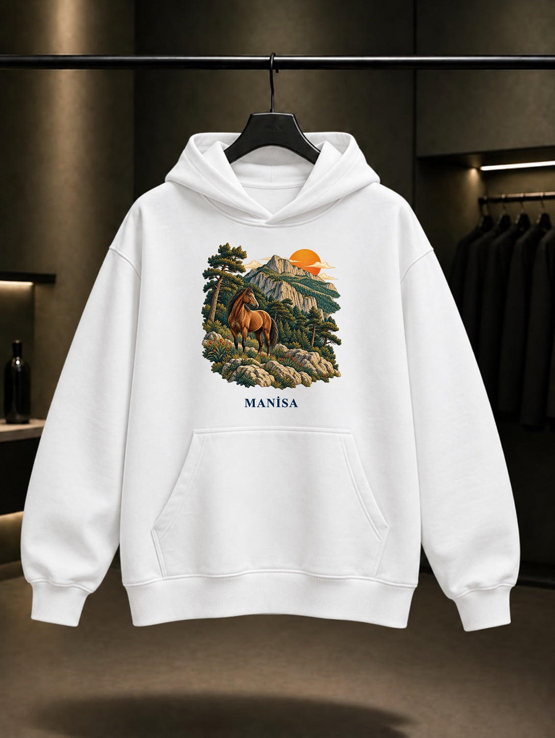 Manisa Spil Dağı baskılı beyaz kapüşonlu sweatshirt