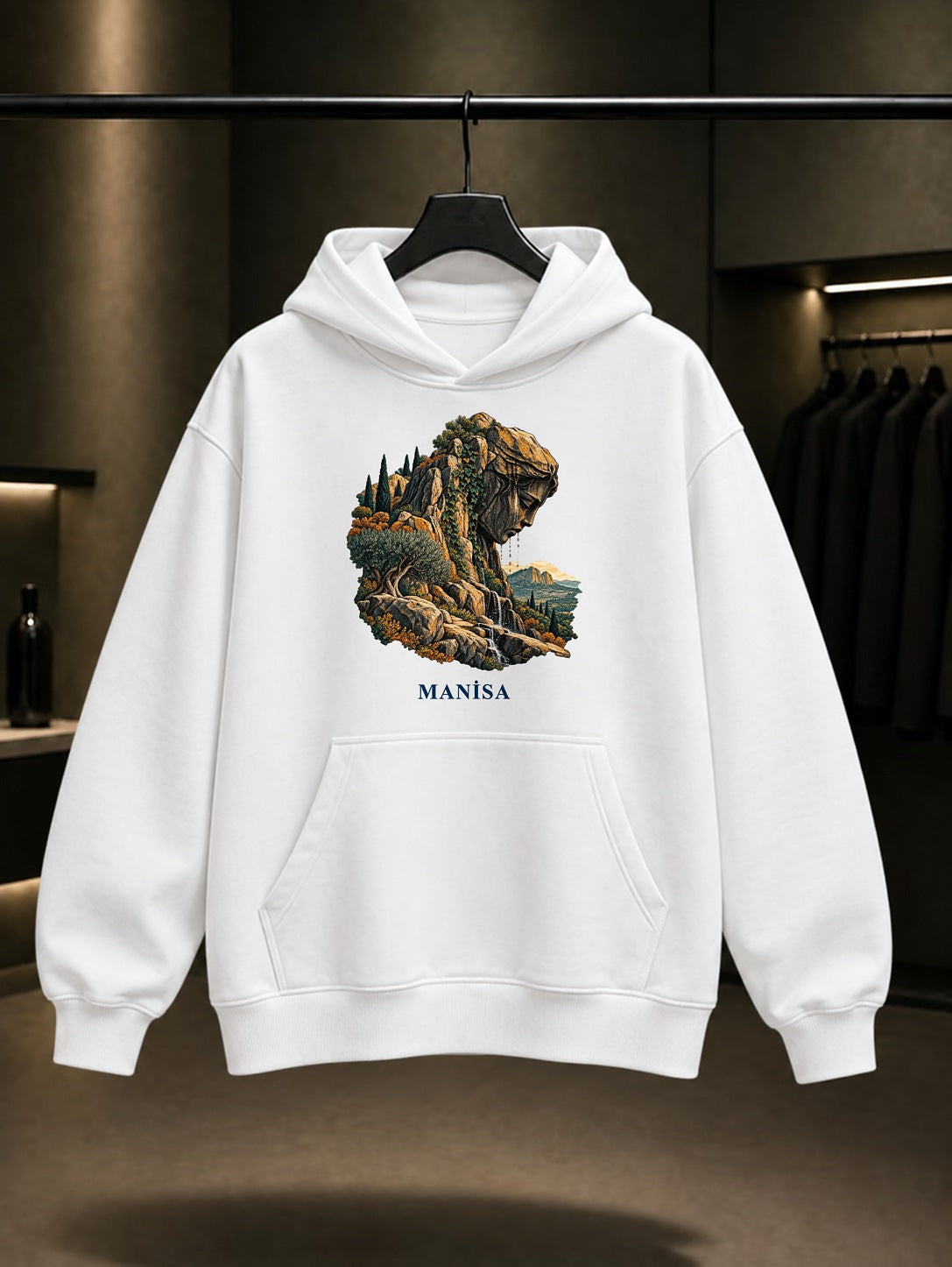 Manisa Niobe baskılı beyaz kapüşonlu sweatshirt