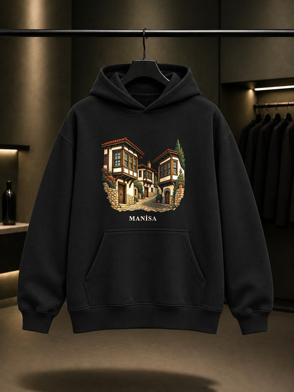 Manisa Kula Evleri baskılı siyah kapüşonlu sweatshirt