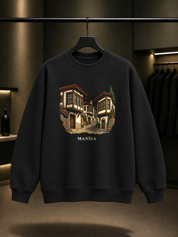 Manisa Kula Evleri baskılı siyah sweatshirt