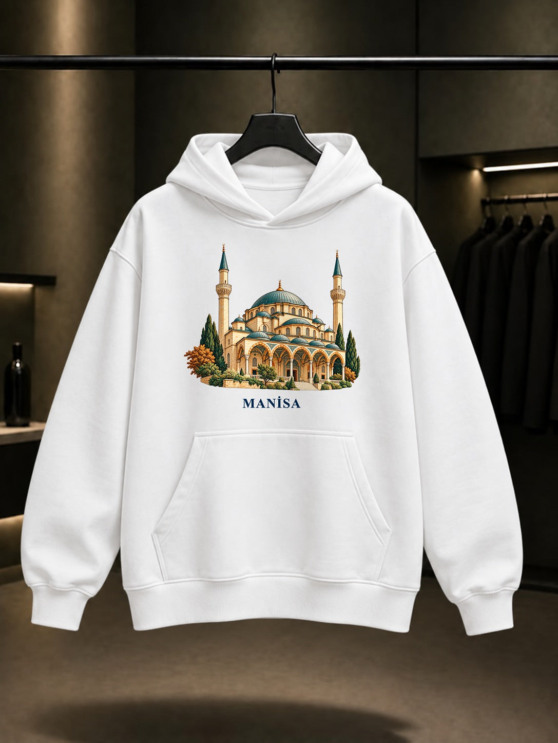 Manisa Sultan Camii baskılı beyaz kapüşonlu sweatshirt