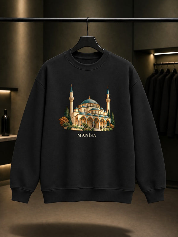 Manisa Sultan Camii baskılı siyah sweatshirt