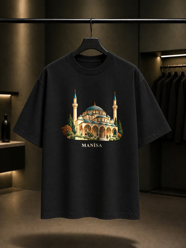 Manisa Sultan Camii baskılı siyah t-shirt