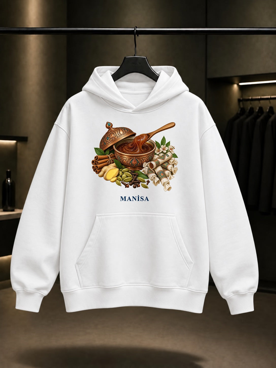 Manisa Mesir Macunu baskılı beyaz kapüşonlu sweatshirt