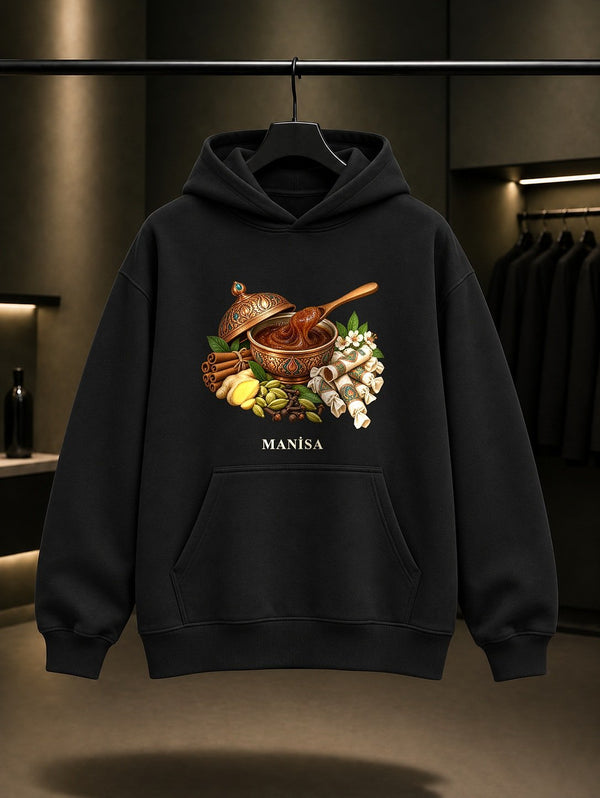 Manisa Mesir Macunu baskılı siyah kapüşonlu sweatshirt