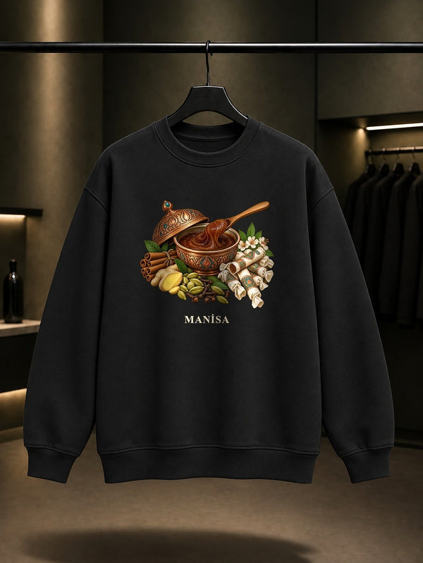 Manisa Mesir Macunu baskılı siyah sweatshirt