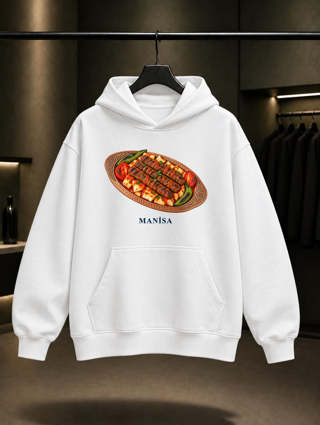 Manisa Kebabı baskılı beyaz kapüşonlu sweatshirt