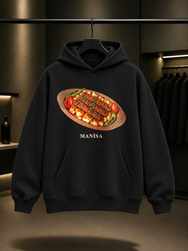 Manisa Kebabı baskılı siyah kapüşonlu sweatshirt