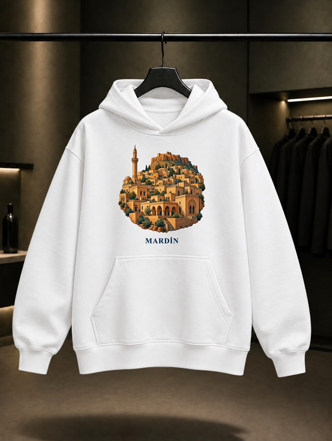 Mardin Eski baskılı beyaz kapüşonlu sweatshirt