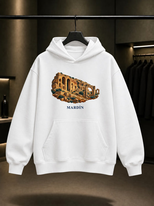 Mardin Dara Antik Kenti baskılı beyaz kapüşonlu sweatshirt