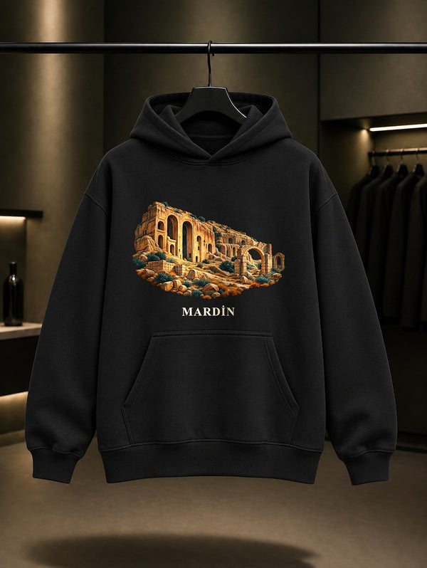 Mardin Dara Antik Kenti baskılı siyah kapüşonlu sweatshirt