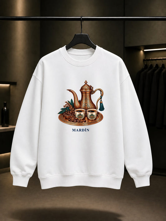 Mardin Mırra Kahvesi baskılı beyaz sweatshirt