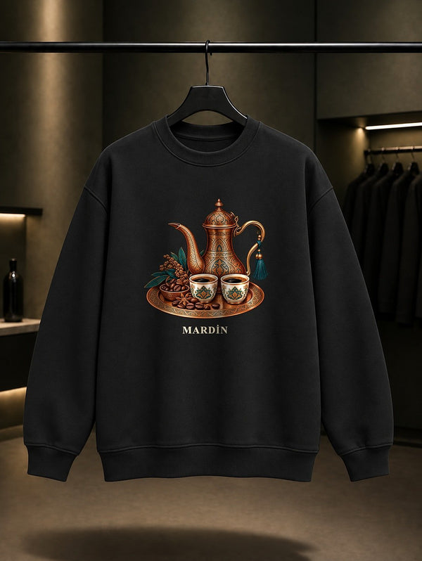 Mardin Mırra Kahvesi baskılı siyah sweatshirt
