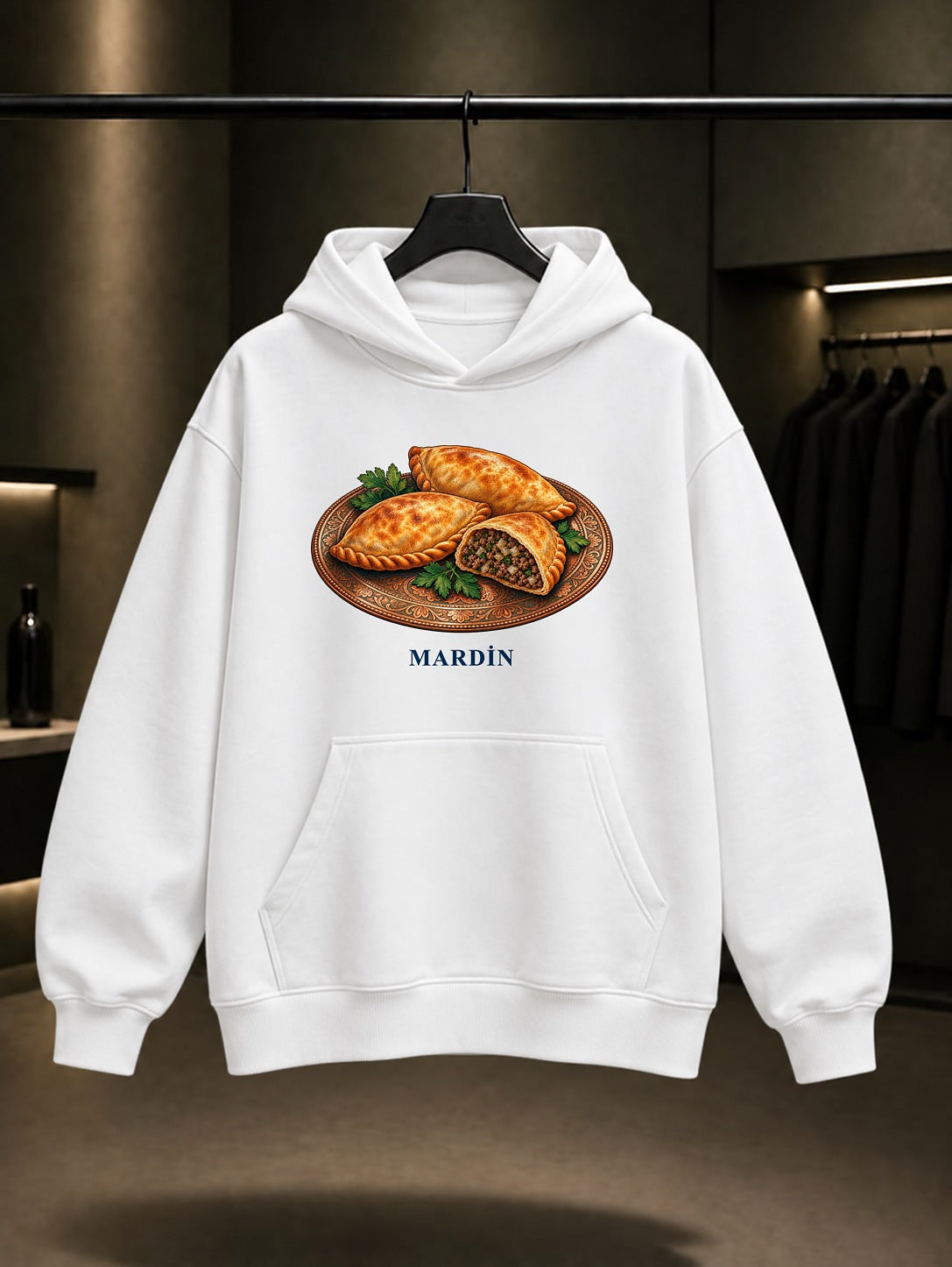 Mardin Sembusek baskılı beyaz kapüşonlu sweatshirt