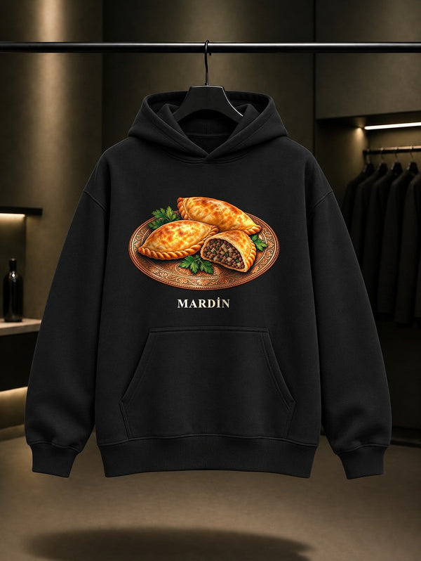 Mardin Sembusek baskılı siyah kapüşonlu sweatshirt