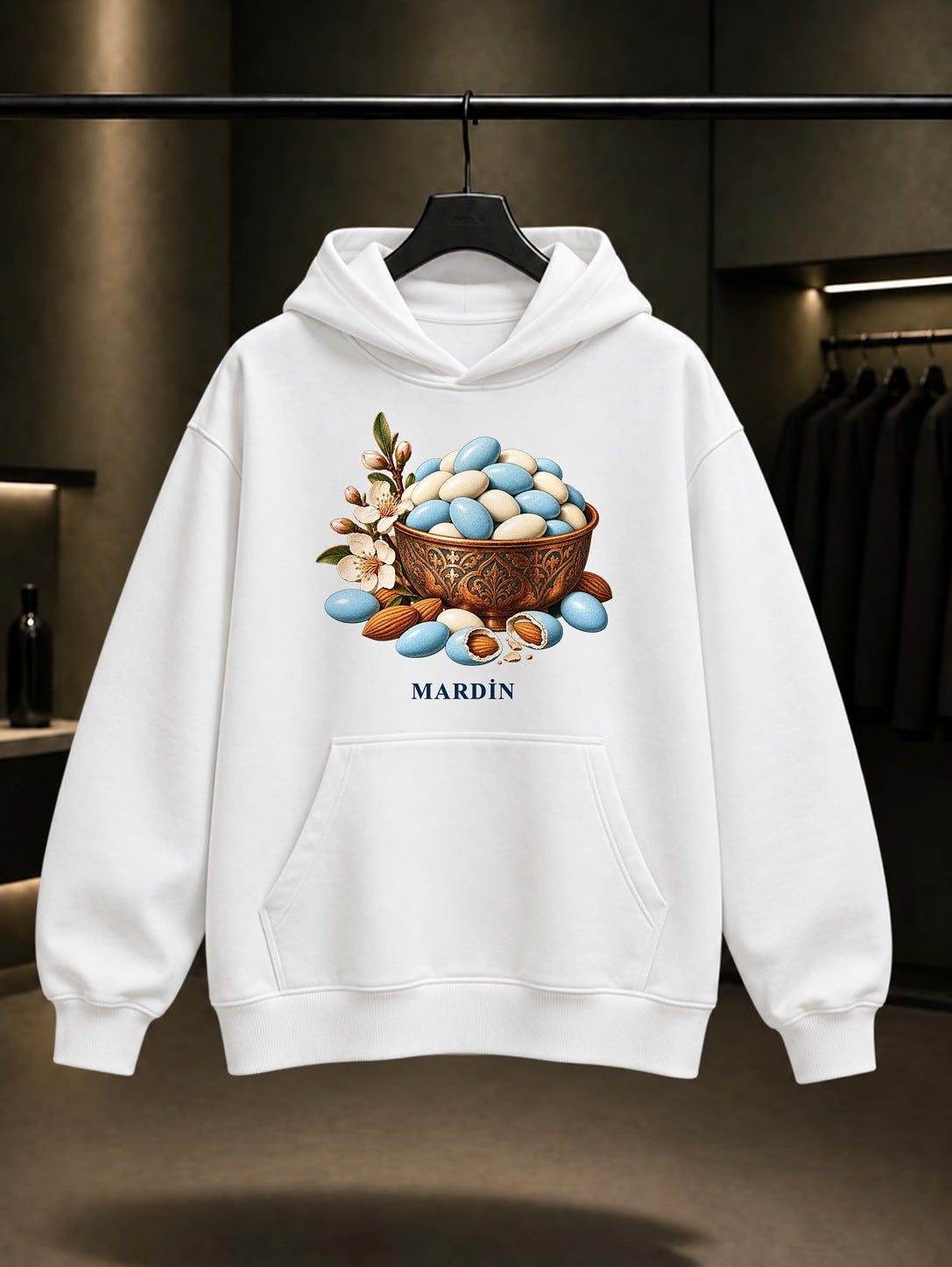 Mardin Badem Şekeri baskılı beyaz kapüşonlu sweatshirt