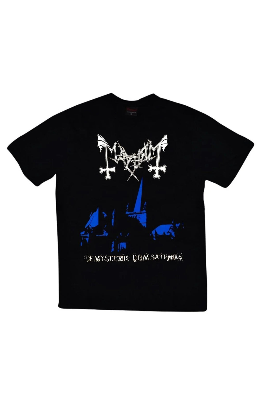Mayhem Logosu ve mavi kilise baskılı siyah tişört