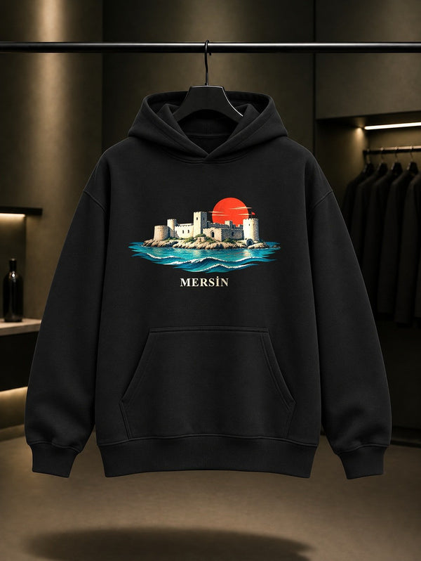 Mersin Kızkalesi baskılı siyah kapüşonlu sweatshirt