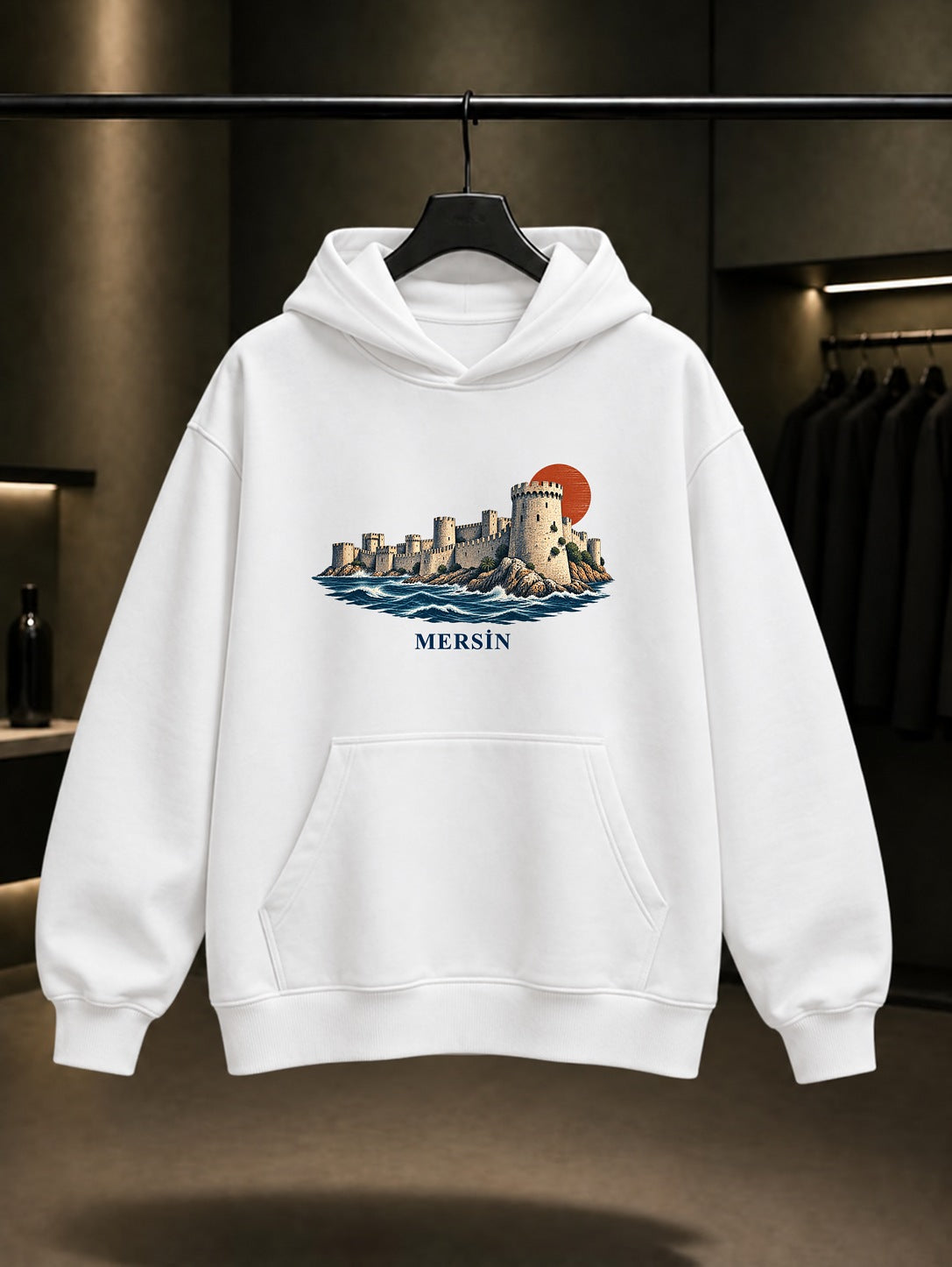 Mersin Mamure Kalesi baskılı beyaz kapüşonlu sweatshirt