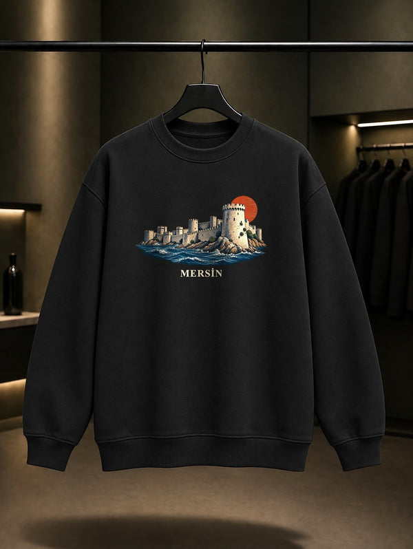 Mersin Mamure Kalesi baskılı siyah sweatshirt