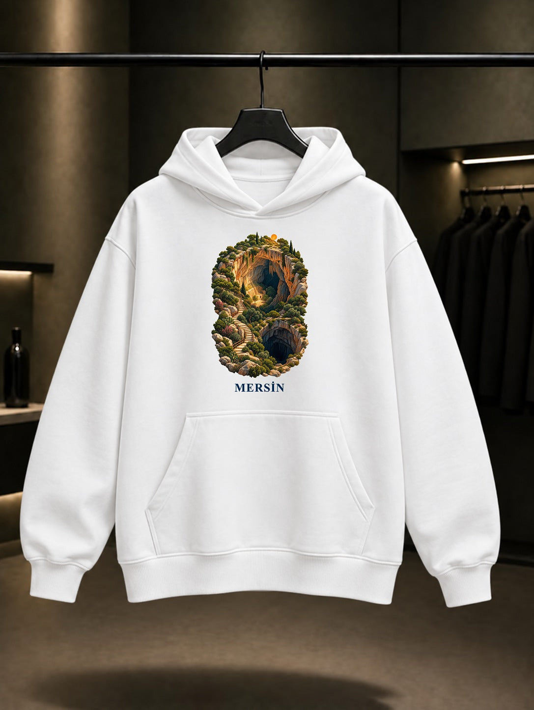 Mersin Cennet Cehennem baskılı beyaz kapüşonlu sweatshirt