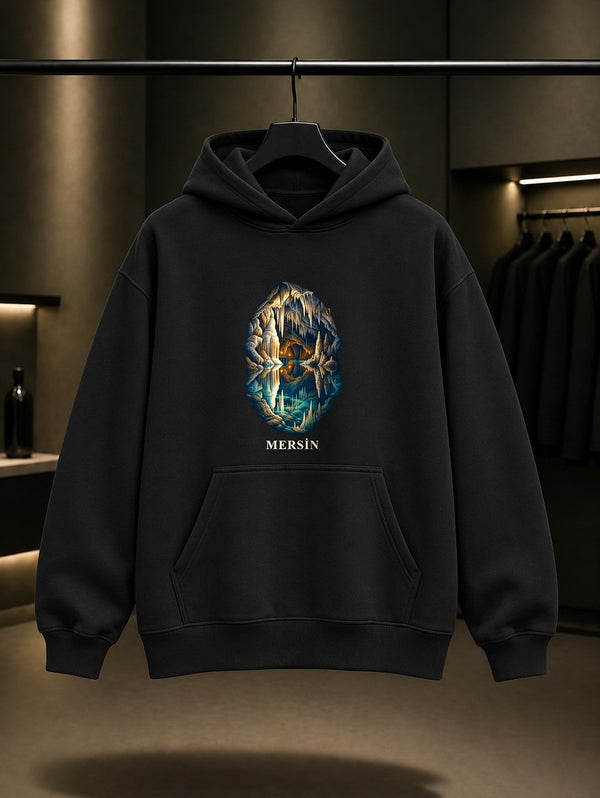 Mersin Gilindire Mağarası baskılı siyah kapüşonlu sweatshirt