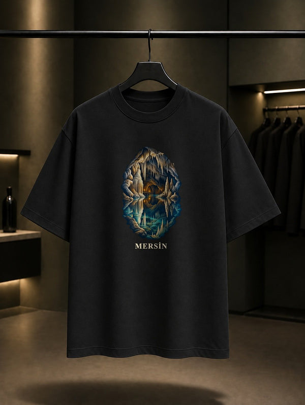 Mersin Gilindire Mağarası baskılı siyah t-shirt