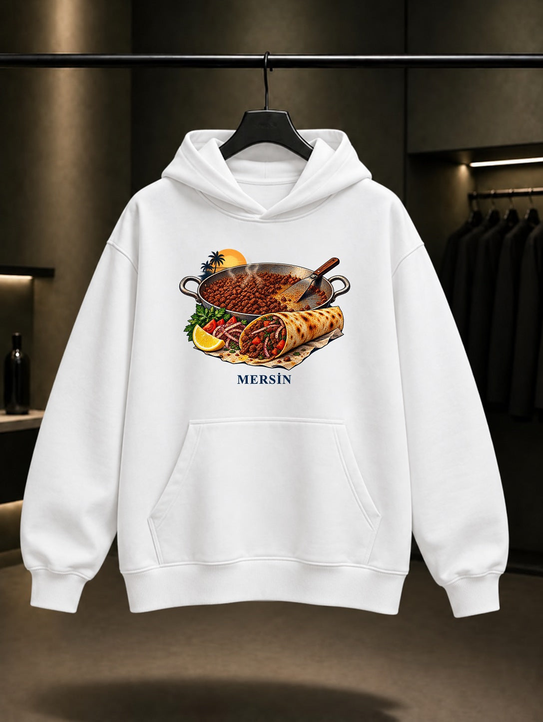 Mersin Tantuni baskılı beyaz kapüşonlu sweatshirt
