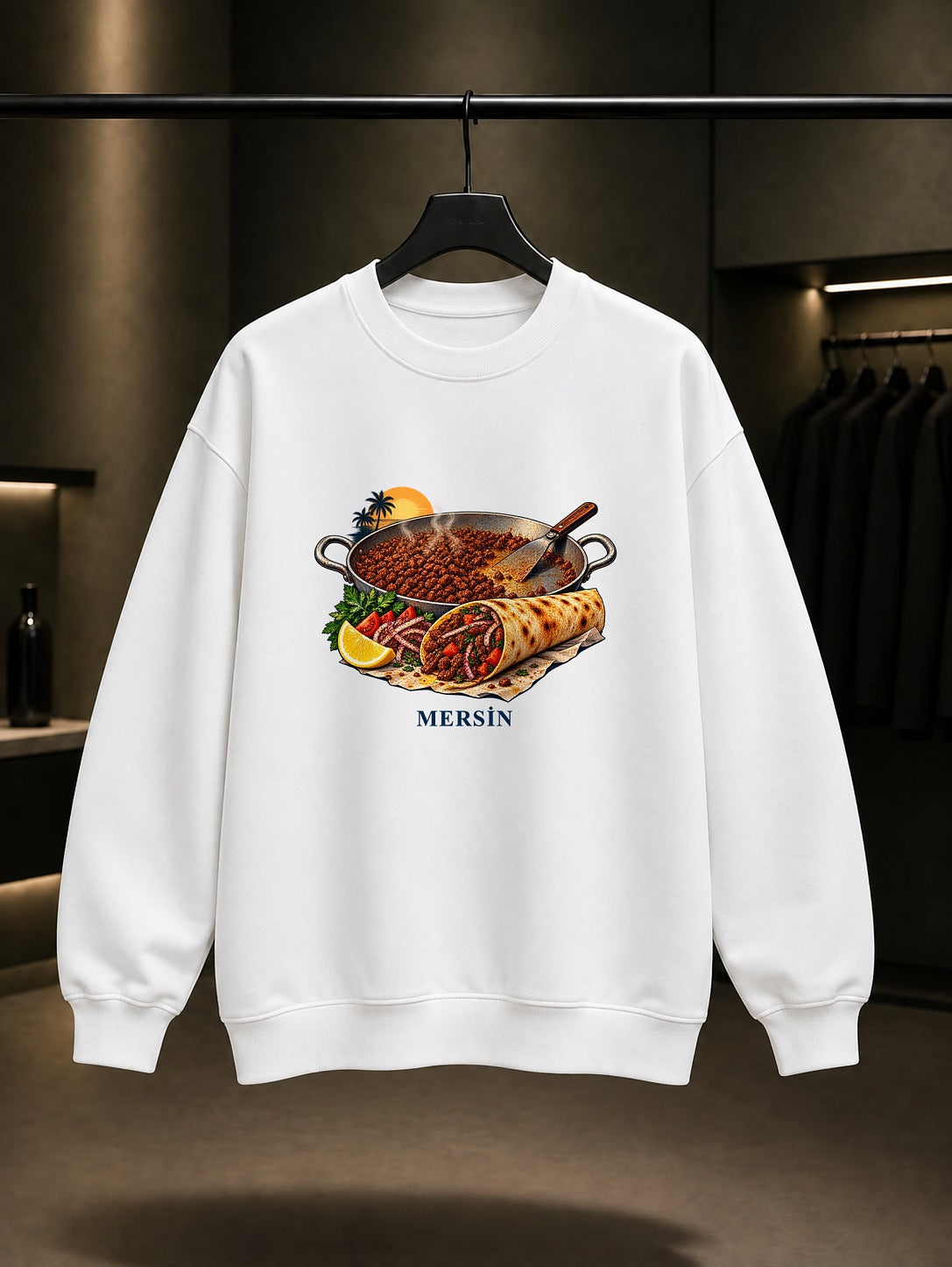 Mersin Tantuni baskılı beyaz sweatshirt