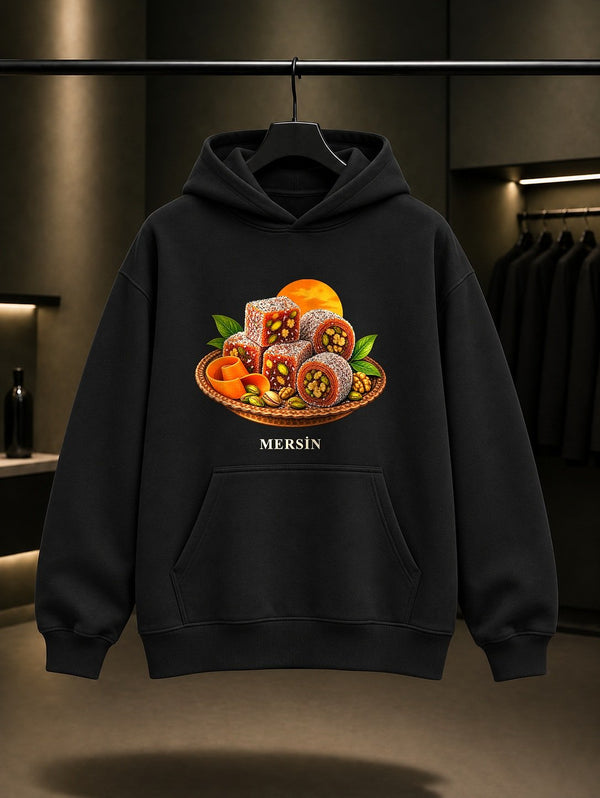 Mersin Cezerye baskılı siyah kapüşonlu sweatshirt